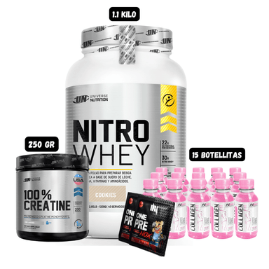 NITRO WHEY 1.1 KG (COOKIES) + CREATINA UN 250 GR + 15 BOTELLITAS QUEMADORES XB + 2 SACHET DE PRE ENTRENO