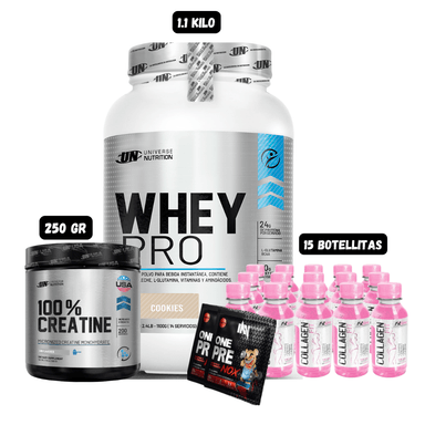 WHEY PRO 1.1 KG (COOKIES) + CREATINA UN 250 GR + 15 BOTELLITAS QUEMADORES XB + 2 SACHET DE PRE ENTRENO