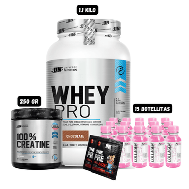 WHEY PRO 1.1 KG (CHOCOLATE) + CREATINA UN 250 GR + 15 BOTELLITAS QUEMADORES XB + 2 SACHET DE PRE ENTRENO