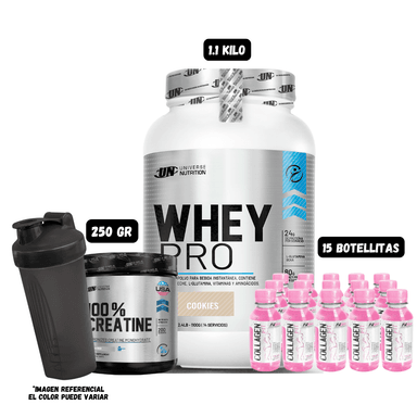 WHEY PRO 1.1 KG (COOKIES) + CREATINA UN 250 GR + 15 BOTELLITAS QUEMADORES XB + 1 SHAKER