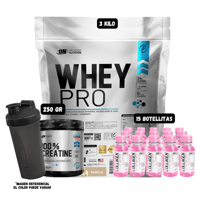 WHEY PRO 3 KG (VAINILLA) + CREATINA UN 250 GR + 15 BOTELLITAS QUEMADORES XB + 1 SHAKER