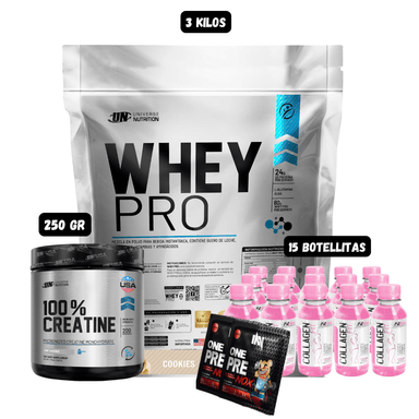 WHEY PRO 3 KG (COOKIES) + CREATINA UN 250 GR + 15 BOTELLITAS QUEMADORES XB + 2 SACHET DE PRE ENTRENO