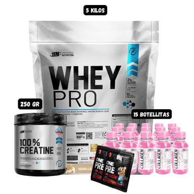 WHEY PRO 5 KG (VAINILLA) + CREATINA UN 250 GR + 15 BOTELLITAS QUEMADORES XB + 2 SACHET DE PRE ENTRENO