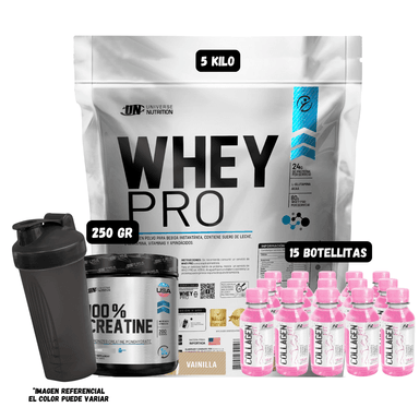 WHEY PRO 5 KG (VAINILLA) + CREATINA UN 250 GR + 15 BOTELLITAS QUEMADORES XB + 1 SHAKER