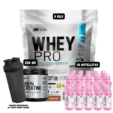 WHEY PRO 5 KG (CHOCOLATE) + CREATINA UN 250 GR + 30 BOTELLITAS QUEMADORES XB + 1 SHAKER