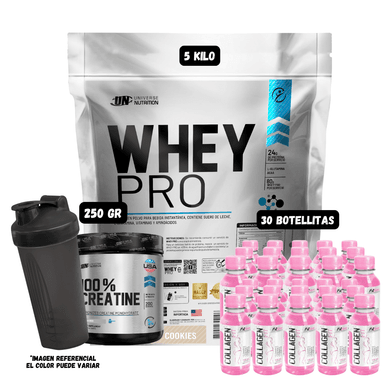 WHEY PRO 5 KG (COOKIES) + CREATINA UN 250 GR + 30 BOTELLITAS QUEMADORES XB + 1 SHAKER