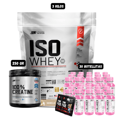 ISO WHEY 90 3 KG (VAINILLA) + CREATINA UN 250 GR + 30 BOTELLITAS QUEMADORES XB + 2 SACHET DE PRE ENTRENO