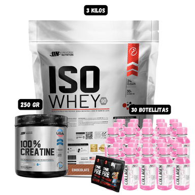 ISO WHEY 90 3 KG (CHOCOLATE) + CREATINA UN 250 GR + 30 BOTELLITAS QUEMADORES XB + 2 SACHET DE PRE ENTRENO