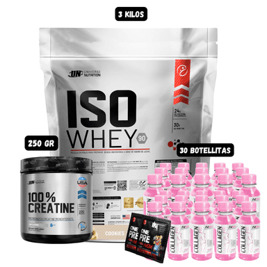 ISO WHEY 90 3 KG (COOKIES) + CREATINA UN 250 GR + 30 BOTELLITAS QUEMADORES XB + 2 SACHET DE PRE ENTRENO