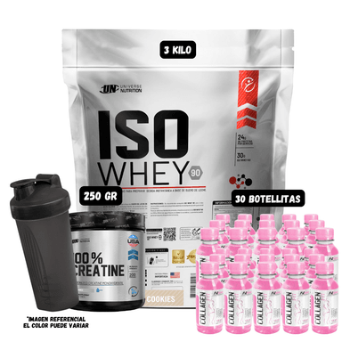 ISO WHEY 90 3 KG (COOKIES) + CREATINA UN 250 GR + 30 BOTELLITAS QUEMADORES XB + 1 SHAKER