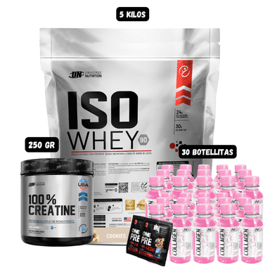 ISO WHEY 90 5 KG (COOKIES) + CREATINA UN 250 GR + 30 BOTELLITAS QUEMADORES XB + 2 SACHET DE PRE ENTRENO