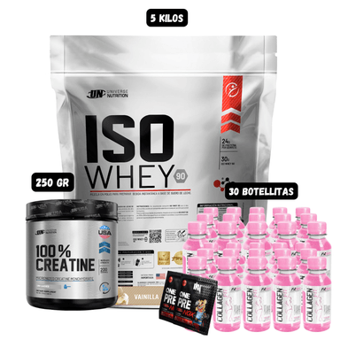 ISO WHEY 90 5 KG (VAINILLA) + CREATINA UN 250 GR + 30 BOTELLITAS QUEMADORES XB + 2 SACHET DE PRE ENTRENO