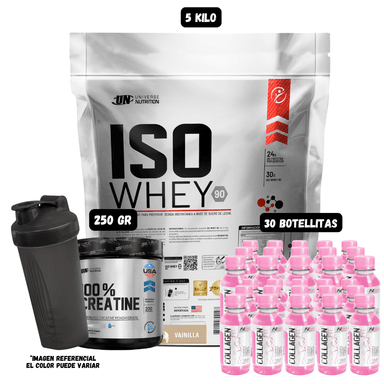 ISO WHEY 90 5 KG (VAINILLA) + CREATINA UN 250 GR + 30 BOTELLITAS QUEMADORES XB + 1 SHAKER