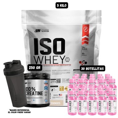 ISO WHEY 90 5 KG (COOKIES) + CREATINA UN 250 GR + 30 BOTELLITAS QUEMADORES XB + 1 SHAKER