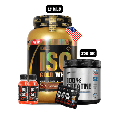 ISO GOLD WHEY 1.1 KG (CHOCOLATE) + CREATINA UN 250 GRAMOS + 2 BOTELLITAS QUEMADORES XB + 3 SACHET DE PRE ENTRENO