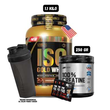 ISO GOLD WHEY 1.1 KG (CHOCOLATE) + CREATINA UN 250 GRAMOS + 3 SACHET DE PRE ENTRENO + 1 SHAKER
