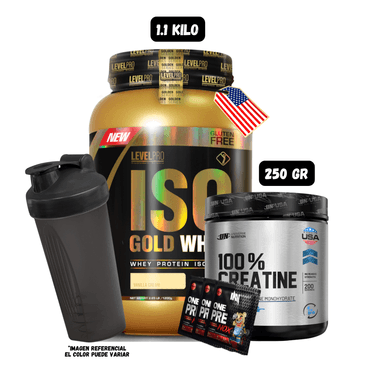 ISO GOLD WHEY 1.1 KG (VAINILLA) + CREATINA UN 250 GRAMOS + 3 SACHET DE PRE ENTRENO + 1 SHAKER