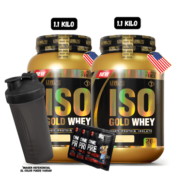 2 ISO GOLD WHEY 1.1 KG (VAINILLA) + 2 SACHET DE PRE ENTRENO + 1 SHAKER