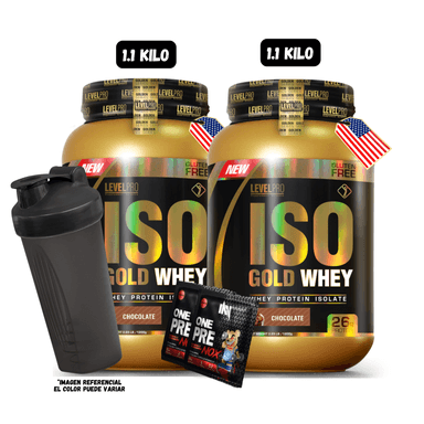 2 ISO GOLD WHEY 1.1 KG (CHOCOLATE) + 2 SACHET DE PRE ENTRENO + 1 SHAKER