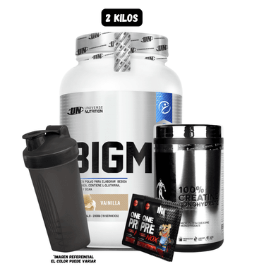 BIGM 2 KG (VAINILLA) + CREATINA KEVIN LEVORNE 500 GR + 2 SACHET DE PRE ENTRENO + 1 SHAKER