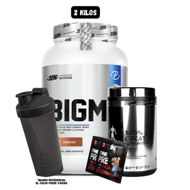 BIGM 2 KG (CHOCOLATE) + CREATINA KEVIN LEVORNE 500 GR + 2 SACHET DE PRE ENTRENO + 1 SHAKER