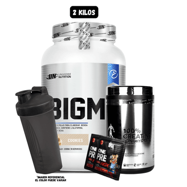 BIGM 2 KG (COOKIES) + CREATINA KEVIN LEVORNE 500 GR + 2 SACHET DE PRE ENTRENO + 1 SHAKER