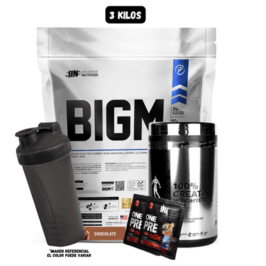 BIGM 3 KG (CHOCOLATE) + CREATINA KEVIN LEVORNE 500 GR + 2 SACHET DE PRE ENTRENO + 1 SHAKER