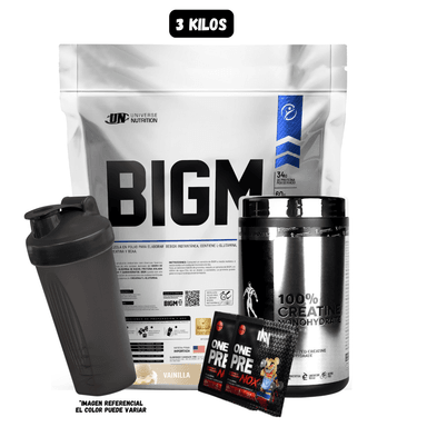 BIGM 3 KG (VAINILLA) + CREATINA KEVIN LEVORNE 500 GR + 2 SACHET DE PRE ENTRENO + 1 SHAKER