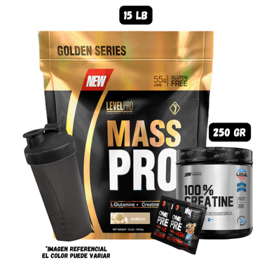 MASS PRO 15 LIBRAS (VAINILLA) + CREATINA UN 250 GR + 2 SACHET DE PRE ENTRENO + 1 SHAKER