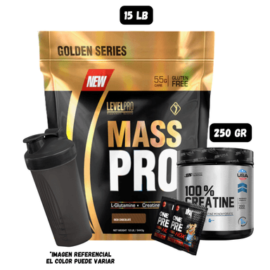 MASSPRO15LIBRAS(CHOCOLATE)_CREATINAUN250GR_2SACHETDEPREENTRENO_1SHAKER