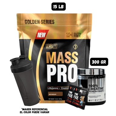 MASS PRO 15 LIBRAS (CHOCOLATE) + CREATINA KEVIN LEVORNE 300 GR + 2 SACHET DE PRE ENTRENO + 1 SHAKER
