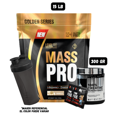 MASS PRO 15 LIBRAS (VAINILLA) + CREATINA KEVIN LEVORNE 300 GR + 2 SACHET DE PRE ENTRENO + 1 SHAKER