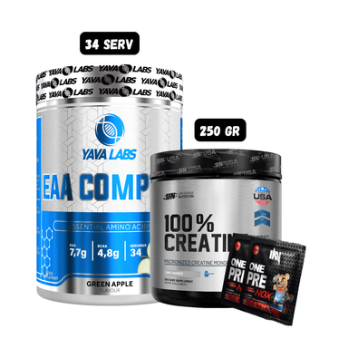 AMINOACIDO EAA 34 SERVICIOS (GREEN APPLE) + CREATINA UN 250 GR + 2 SACHET DE PRE ENTRENO