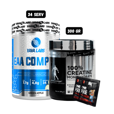 AMINOACIDO EAA 34 SERVICIOS (GREEN APPLE) + CREATINA KEVIN LEVRONE 300 GR + 2 SACHET DE PRE ENTRENO