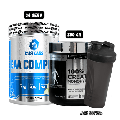 AMINOACIDO EAA 34 SERVICIOS (GREEN APPLE) + CREATINA KEVIN LEVRONE 300 GR + 1 SHAKER