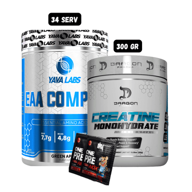 AMINOACIDO EAA 34 SERVICIOS (GREEN APPLE) + CREATINA DRAGON PHARMA 300 GR + 2 SACHET DE PRE ENTRENO
