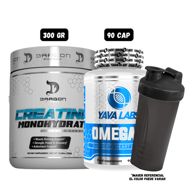 OMEGA 3 YAVA LABS (90 CAPSULAS) + CREATINA DRAGON PHARMA 300 GR + 1 SHAKER