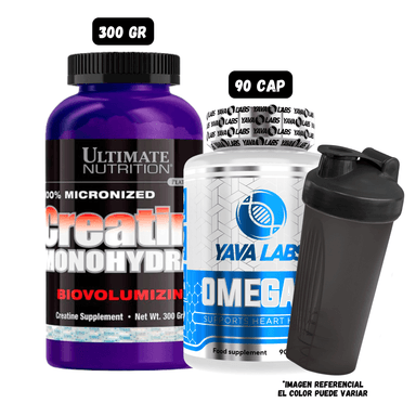 OMEGA 3 YAVA LABS (90 CAPSULAS) + CREATINA ULTIMATE NUTRITION 300 GRAMOS + 1 SHAKER