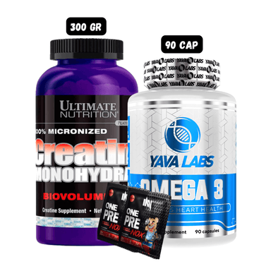OMEGA 3 YAVA LABS (90 CAPSULAS) + CREATINA ULTIMATE NUTRITION 300 GRAMOS + 2 SACHET DE PRE ENTRENO