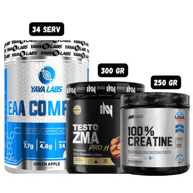AMINOACIDO EAA 34 SERVICIOS (GREEN APPLE) + PRECURSOR DE TESTO 300 GR INN (CITRUS PUNCH) + CREATINA UN 250 GRAMOS