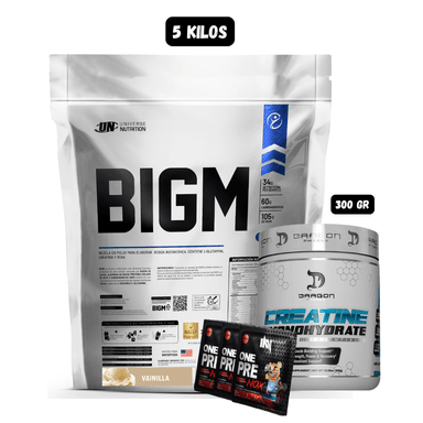 BIGM 5 KG (VAINILLA) + CREATINA DRAGON PHARMA 300 GR + 3 SACHET DE PRE ENTRENO