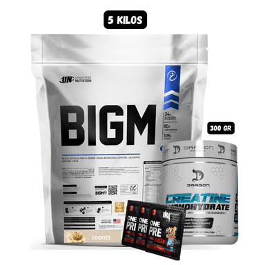 BIGM 5 KG (COOKIES) + CREATINA DRAGON PHARMA 300 GR + 3 SACHET DE PRE ENTRENO