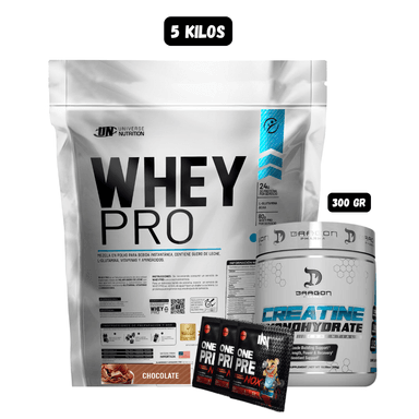 WHEY PRO 5 KG (CHOCOLATE) + CREATINA DRAGON PHARMA 300 GR + 3 SACHET DE PRE ENTRENO
