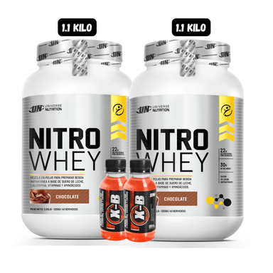 2 NITRO WHEY 1.1 KG (2 CHOCOLATES) + 2 BOTELLITAS DE QUEMADORES XB