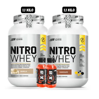 2 NITRO WHEY 1.1 KG (1 VAINILLA + 1 CHOCOLATE) + 2 BOTELLITAS DE QUEMADORES XB
