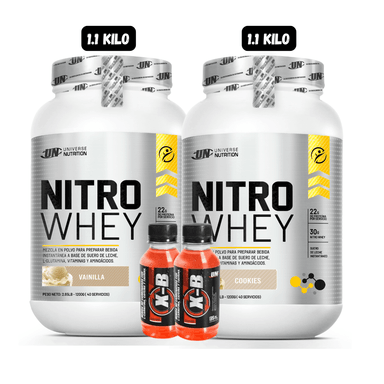 2 NITRO WHEY 1.1 KG (1 VAINILLA + 1 COOKIES) + 2 BOTELLITAS DE QUEMADORES XB