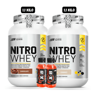 2 NITRO WHEY 1.1 KG (1 CHOCOLATE + 1 COOKIES) + 2 BOTELLITAS DE QUEMADORES XB