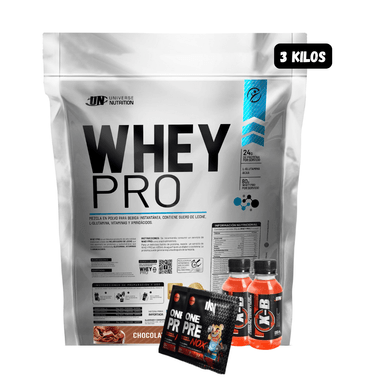 WHEY PRO 3 KG (CHOCOLATE) + 2 BOTELLITAS DE QUEMADOR XB + 2 SACHET DE PRE ENTRENO