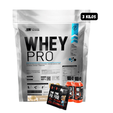 WHEY PRO 3 KG (VAINILLA) + 2 BOTELLITAS DE QUEMADOR XB + 2 SACHET DE PRE ENTRENO