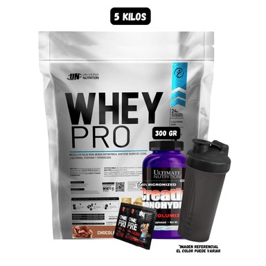 WHEY PRO 5 KG (CHOCOLATE) + CREATINA ULTIMATE NUTRITION 300 GR + 2 SACHET DE PRE ENTRENO + 1 SHAKER